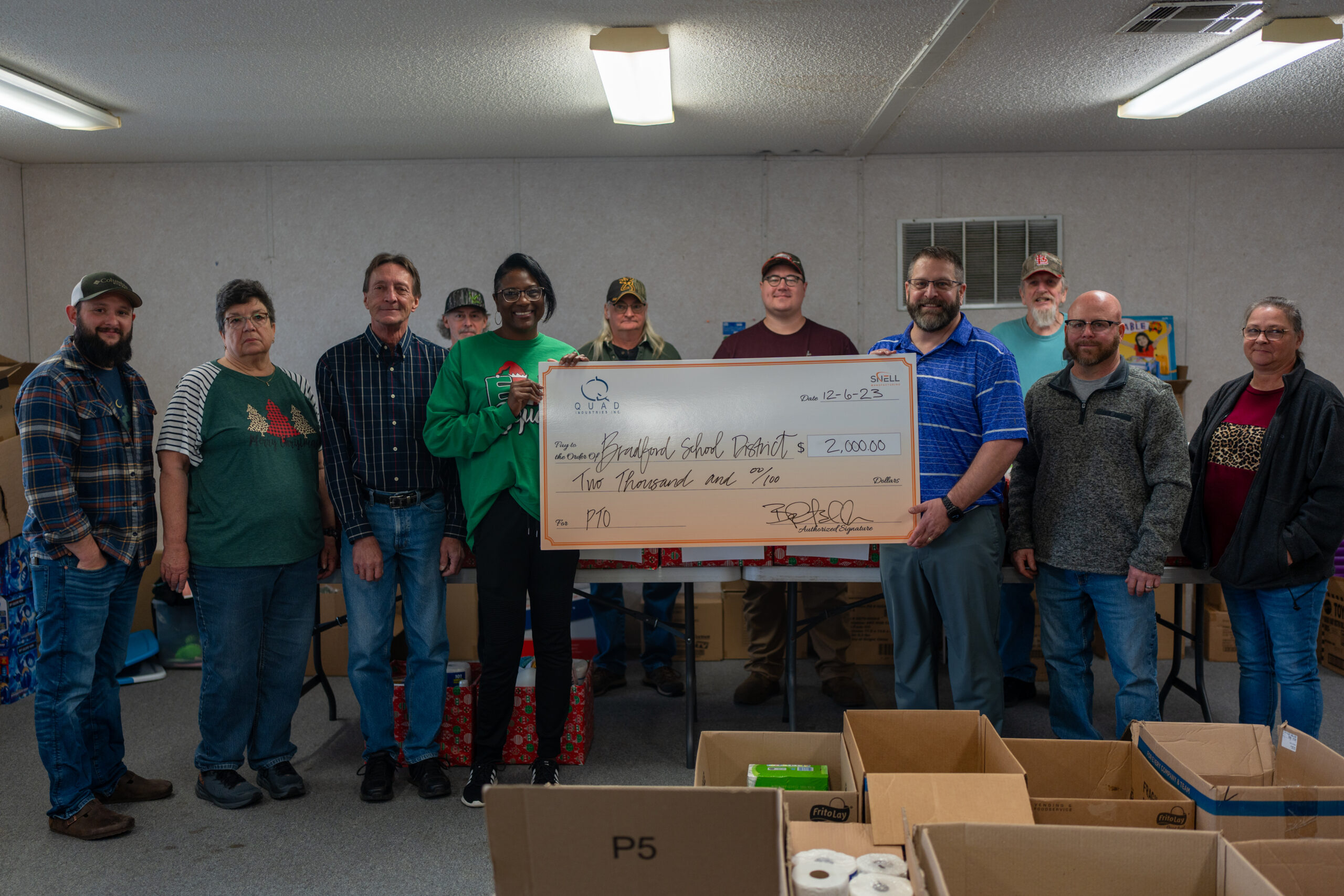 Quad Industries with Bradford School District holiday boxes
